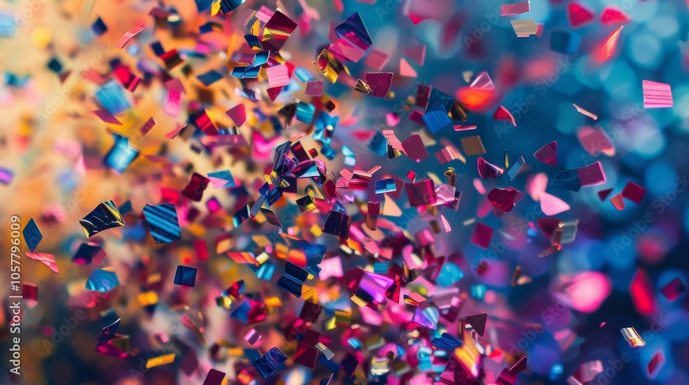 Poster vibrant abstract background with many falling small pieces, colorful and dynamic, artistic pattern