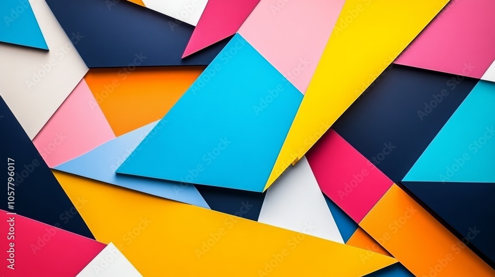 Poster geometric background with overlapping triangles and bright colors gives it a striking and contempora