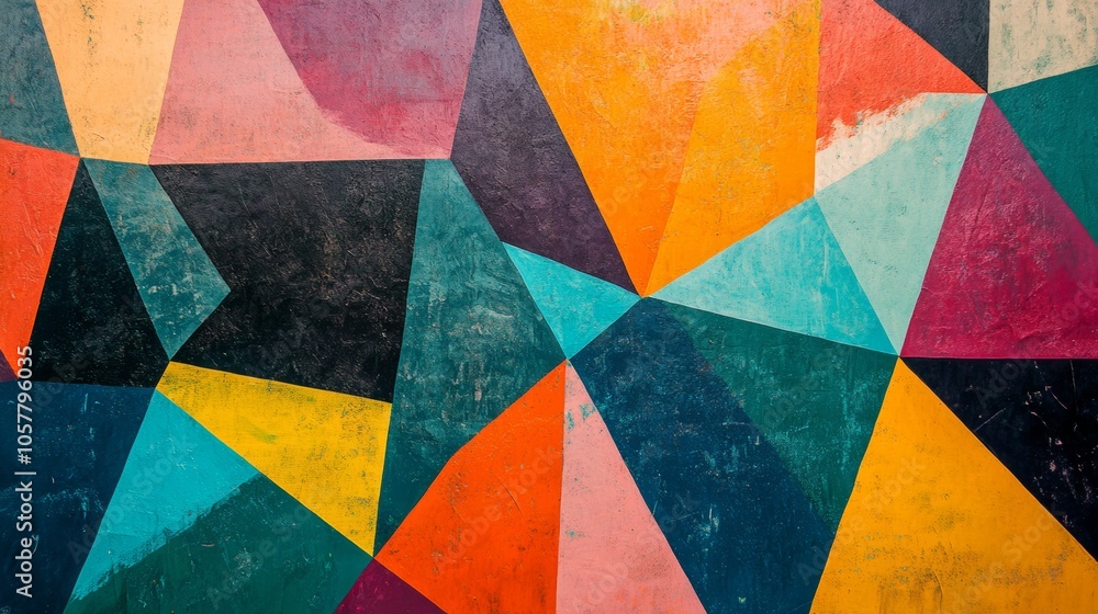 Poster geometric background with overlapping triangles and bright colors gives it a striking and contempora