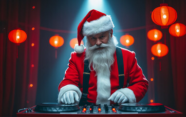 Portrait of Santa Claus at the DJ console during a musical performance at a festive party in honor of New Year and Christmas. Bright party in a night club.