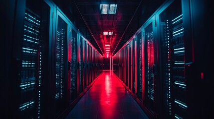 Dark server room with red and blue lights in a data center