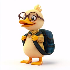 Obraz premium Charming 3D Duck Heading to School on White Background