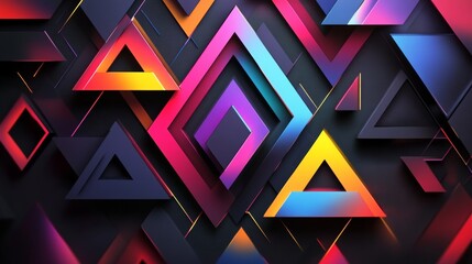 Geometric background with overlapping triangles and bright colors gives it a striking and contemporary look.