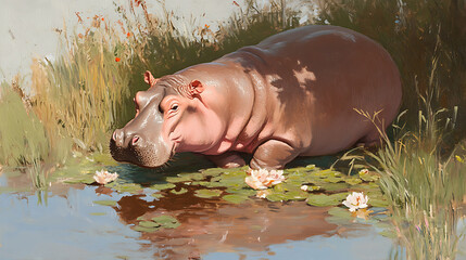 Hippopotamus in a Pond with Water Lilies - Wildlife Painting