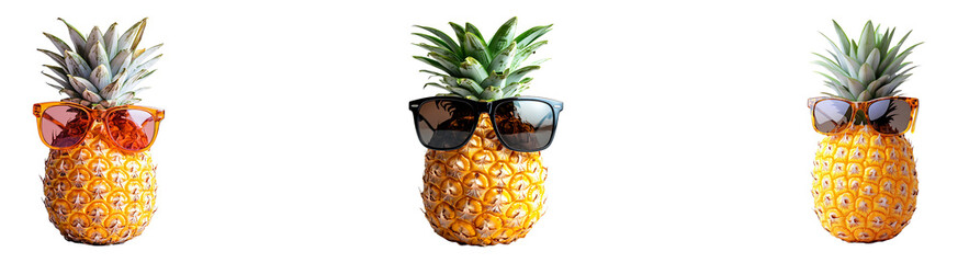 Set, collection of Pineapple with sunglasses isolated on transparent background.
