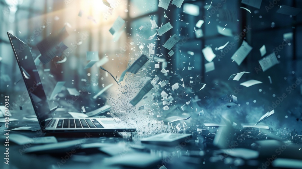 Poster exploding documents from a laptop symbolizing information overload