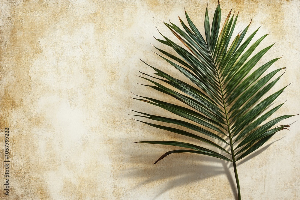 Poster a single palm leaf casting intricate shadows on a textured beige background in soft afternoon light