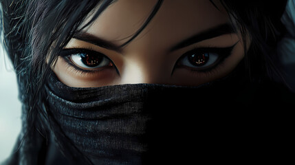 Naklejka premium Woman asian mysterious cyberpunk ninja with cloth covering on face background wallpaper ai generated image. Cyborg Assassin. Illustration
