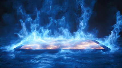 A tablet emitting blue and orange flames in a dark setting, evoking futuristic technology and energy themes