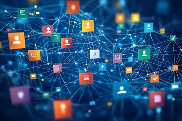 Interconnected Network of Digital Icons and Lines