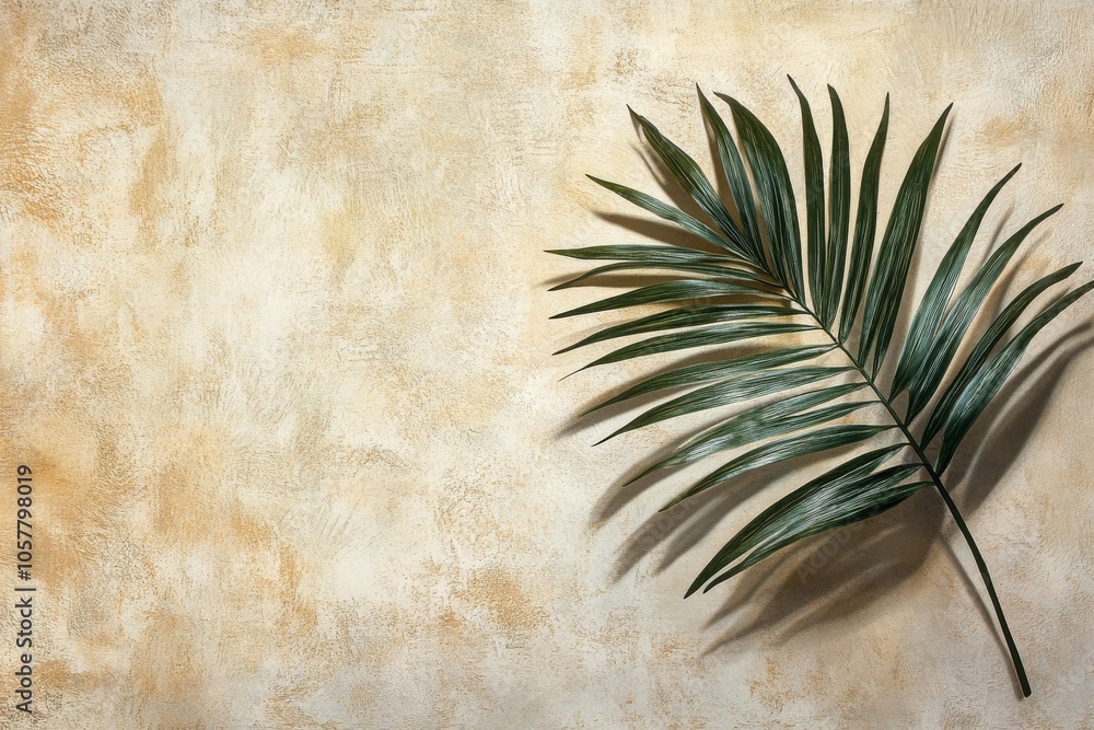 Poster a single palm leaf casting intricate shadows on a textured beige background in soft afternoon light