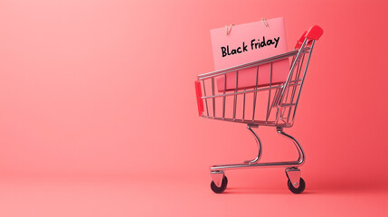 Shopping cart with Black Friday sign on a pink background