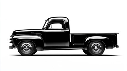 Classic Black Pickup Truck Side View Isolated on White Background