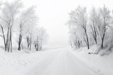 Black and white panorama of icy road with frost covered trees
