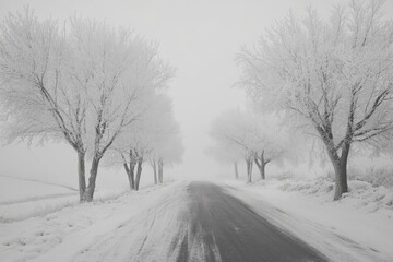 Black and white panorama of icy road with frost covered trees