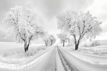 Black and white panorama of icy road with frost covered trees