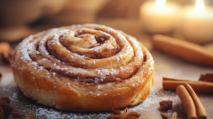 Cinnamon bun with rich icing on kitchen table. Classic pastries and inviting food moments