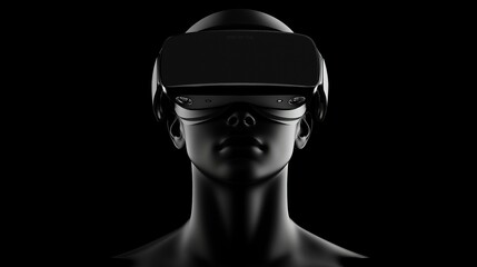 Futuristic silhouette of a person immersed in virtual reality with sleek headset against a dark background.