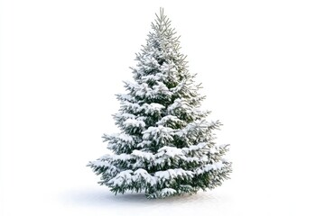 Christmas tree covered with snow isolated on white background.