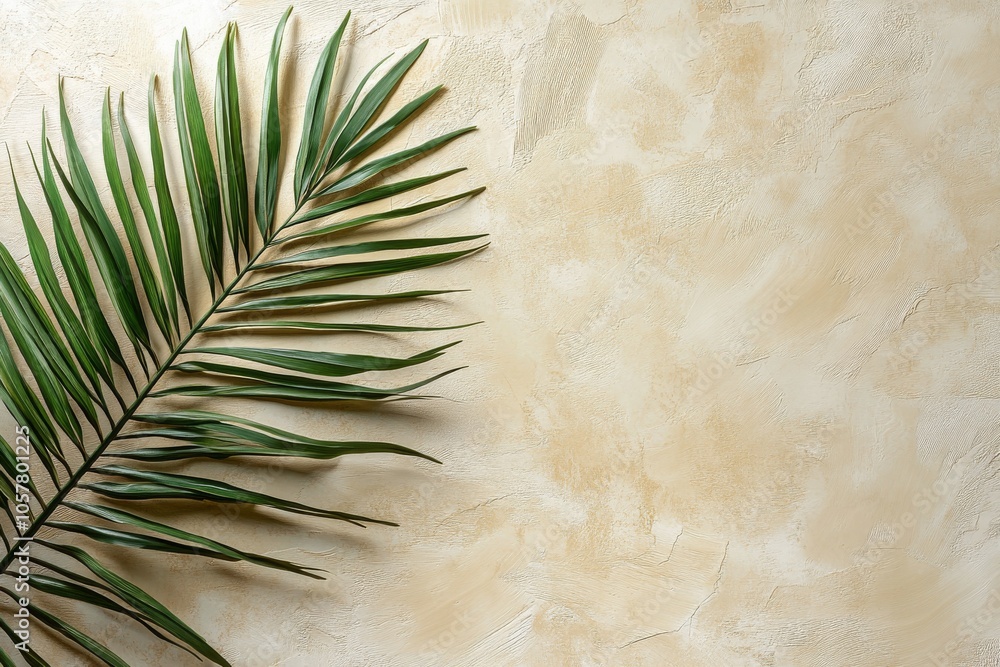 Poster a single palm leaf casting intricate shadows on a textured beige background in soft afternoon light