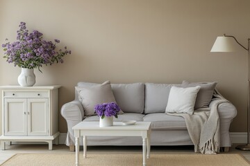 Cozy living room with a neutral sofa and decorative elements in a warm, inviting setting