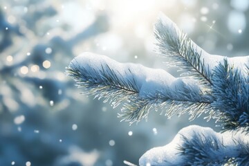 Fir branch covered with snow; winter landscape