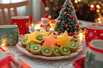 Fototapeta premium A bright and cheerful breakfast table set with a platter of colorful fruit, including star-shaped slices of melon and kiwi