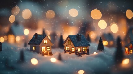 Fototapeta premium Snowy village scene with warm holiday lighting