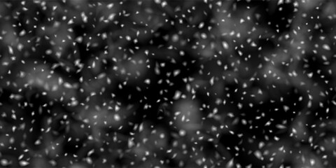 Snow flakes, clouds and fog on dark sky with as a seamless pattern. Vector illustration with overlay snowfall effect and transparent elements. Winter cold night
