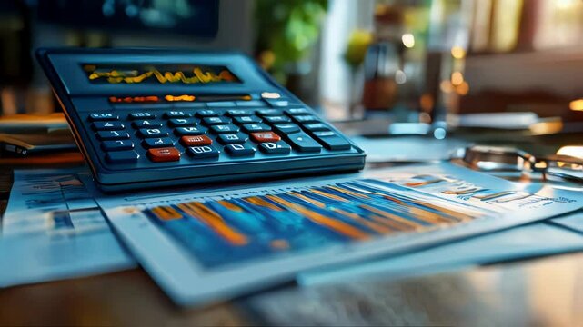 A calculator on a table with charts and financial documents, warm lighting from a window