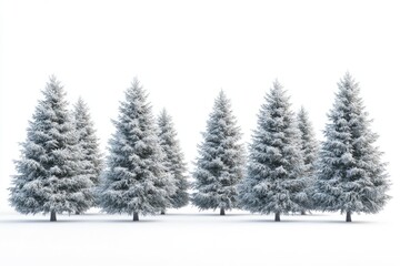 Obraz premium Group of frosty spruce trees in snow isolated on white