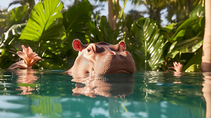 Hippopotamus Swimming in a Tropical Pool