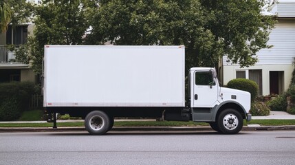 white and clean cargo truck against green in the street