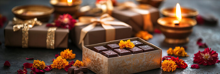 A beautifully wrapped gift box with a golden ribbon, for Diwali festival in India