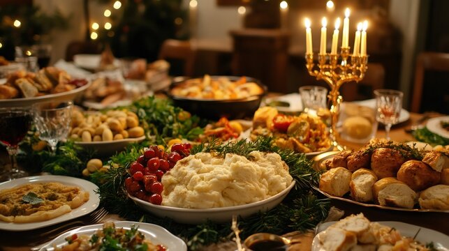festive Hanukkah dinner, artfully displayed beside a glowing menorah amid festive decor