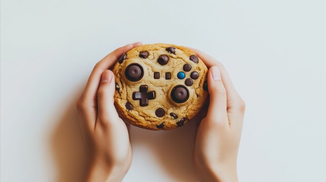 Person is holding a cookie shaped like a game controller