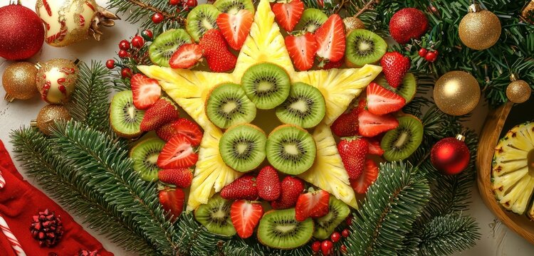 A bright and colorful fruit platter shaped like a Christmas star, with slices of pineapple, kiwi, and strawberries - Powered by Adobe