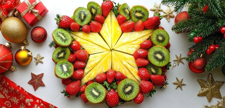 A bright and colorful fruit platter shaped like a Christmas star, with slices of pineapple, kiwi, and strawberries - Powered by Adobe