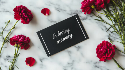a black matte postcard with the words "In loving memory" on it on a white marble table, red carnation are lying nearby
