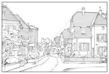 Illustration of street in an old Swiss town Dietikon. Black and white drawing. Page for coloring book. Medieval architecture in western Europe. Hand drawn vector.