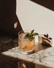 A vintage 35mm photo of a mojito cocktail isolated in a simple scene