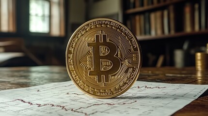 Close-up of a gold Bitcoin coin resting on a stock chart.