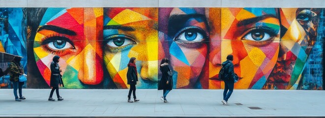 community diversity art, colorful street mural celebrates diversity and migration with faces and cultural symbols from around the world