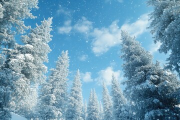 Snow covered trees against a blue sky