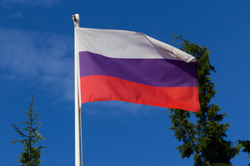 Waving Russian flag under a bright blue sky surrounded by green trees on a sunny day