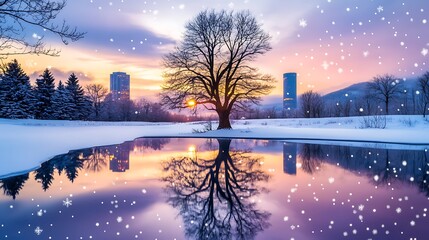 An ultrarealistic depiction of the winter solstice on December 21st, with a vividly colored sky and a serene landscape that captures the magic of the longest night of the year.