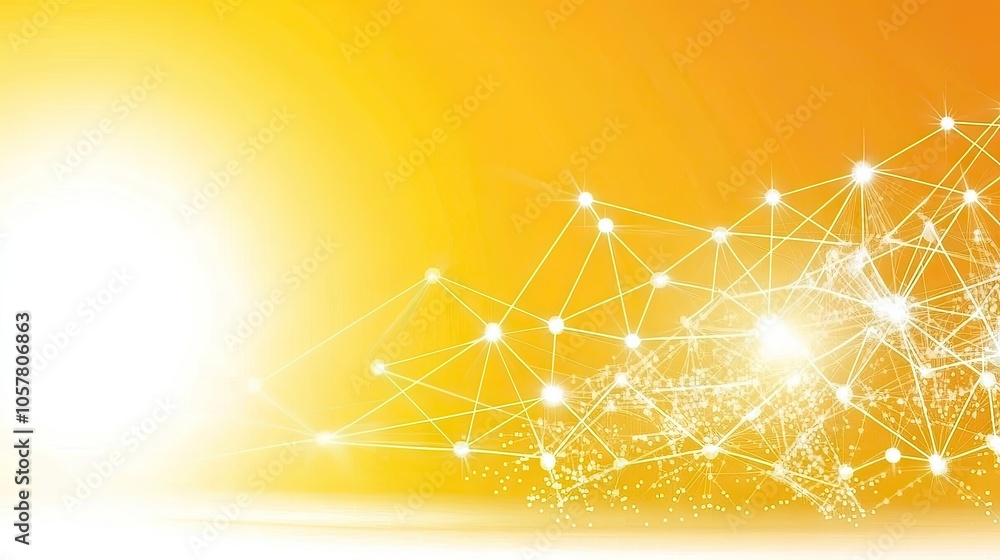 Poster abstract tech background in yellow with connected lines, geometric shapes, and polygonal design