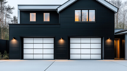 Modern two-story house exterior with dark siding and two white garage doors illuminated by warm outdoor lighting, set against a background of leafless trees.