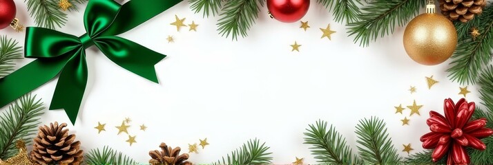 Festive holiday border with pine cones, ornaments, and green bow on white background