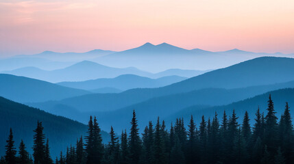 Fototapeta premium Blue Mountain Ranges Silhouette at Sunset with Pine Forest